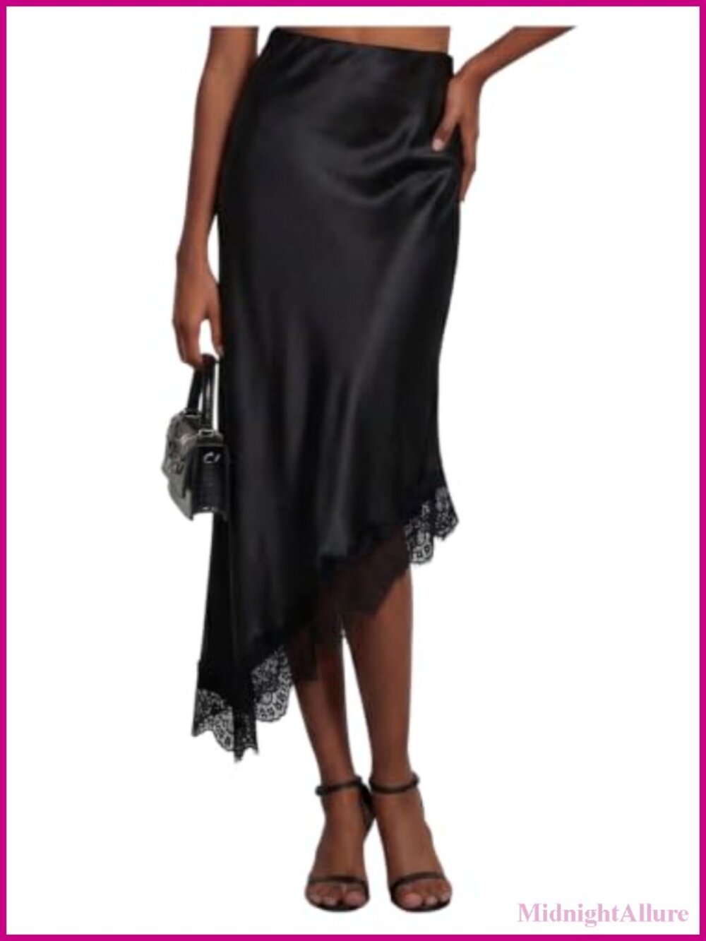 Silk Satin Midi Skirt with Asymmetrical Lace Hem for Women